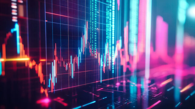 Visual representation of stock market trends with neon colors and digital graphics - Powered by Adobe
