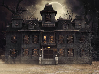 Spooky Victorian abandoned house with light in the windows, with old trees and full moon in the background. Image made with 3d resources and painted elements. No AI used.