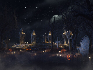 Halloween scenery with a spooky cemetery at night with stone statues and pumpkin lanterns. Image made with 3d resources and painted elements. No AI used.