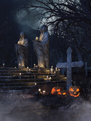 Halloween scene with stone graveyard statues, spooky withered trees and pumpkin lanterns at night. Image made with 3d resources and painted elements. No AI used.