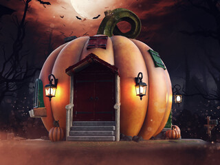 Colorful fantasy pumpkin house with lanterns hanging by the door, full moon and bats flying in the background. Image made with 3d resources and painted elements. No AI used.