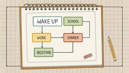 Daily Routine Flowchart with Steps for Wake Up, School, and Dinner