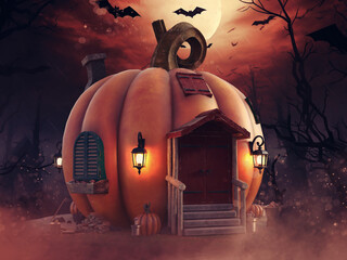 Fantasy pumpkin house with lanterns, tree logs, small pumpkins, and bats flying around it. Image made with 3d resources and painted elements. No AI used.