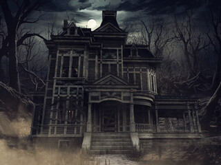 Spooky old abandoned house at night, with full moon, withered trees around it, and swamp. Image made with 3d resources and painted elements. No AI used.