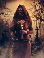 Woman wearing a death mask and red hooded robe, holding a candle, and standing at an old cemetery at sunset. Image made with 3d resources and painted elements. No AI used.