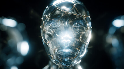 Transparent spherical head with intricate wireframe structure and glowing center, set against a dark background with bokeh lights