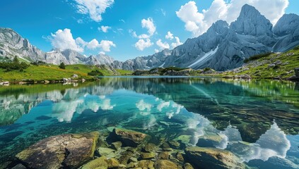 A serene mountain lake reflects a vibrant sky and majestic peaks, showcasing crystal-clear waters and visible rocks beneath the surface