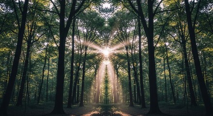 Fototapeta premium Sunlight Peeking Through Tall Green Forest Trees in Morning Light