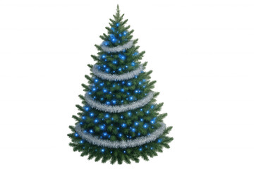 Christmas tree decorated with blue lights and silver tinsel, symbolizing holiday cheer and festive celebration