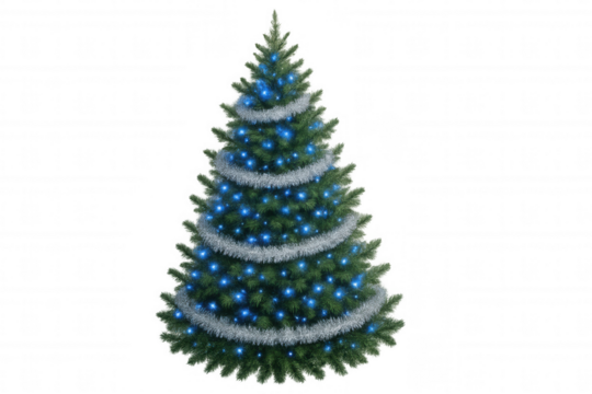 Christmas tree decorated with blue lights and silver tinsel, symbolizing holiday cheer and festive celebration - Powered by Adobe