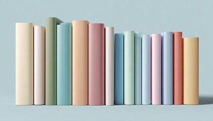 Pastel-colored books stand upright in a row against a light blue background, showcasing a variety of heights and shades