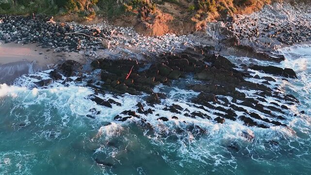 Rocky Uhabia beach of Bidarte hit by the sunset at the Basque Country.