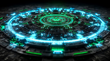 Futuristic circular interface with glowing blue and green circuit patterns and digital elements