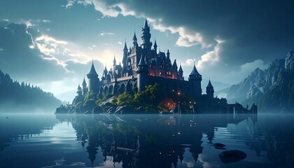 Majestic castle on an island at dawn