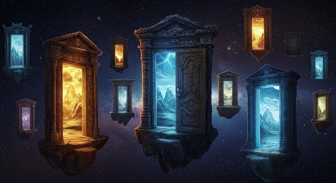 Fantasy Floating Ancient Portals with Stone Gates Opening to Magical Worlds in Cosmic Space - Powered by Adobe