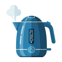 Illustration of a blue electric kettle with steam coming out of the spout.