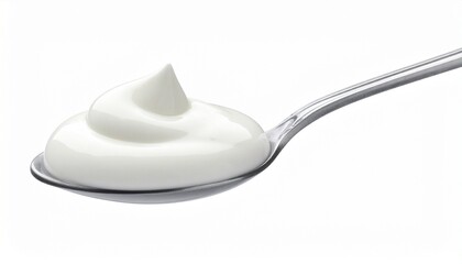 Metallic spoon holding thick white dollop of yogurt or sour cream, smooth texture with peak, isolated on plain white background.