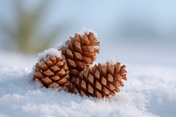 closeup view of pine cones resting on pure white snow creating stunning contrast
