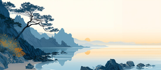 기암절벽이 있는 제주도 해변의 아침 풍경, 일러스트레이션 스타일-Morning scenery of Jeju Island's seaside with rocky cliffs, illustration style