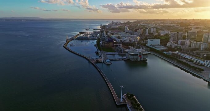 Lisbon , Nauru 7.07.2025: Aerial view of Vasco da Gama Tower Babylon 360 and Myriad hotel