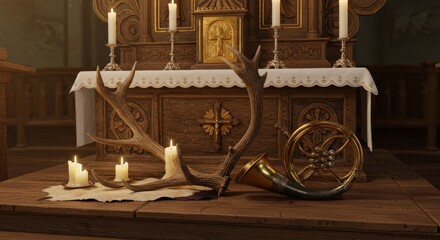 Feast of St. Hubertus Mass, hunting horn and stag antlers placed near wooden altar