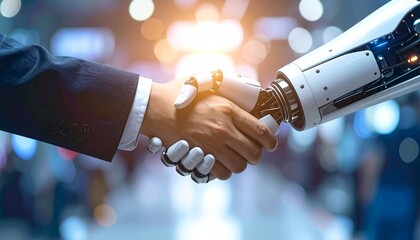 Human and robotic hands shaking, symbolizing a powerful alliance for future technological advancements, artificial intelligence integration, and progressive business innovation
