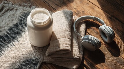 Fitness lifestyle flat lay with creatine monohydrate jar, shaker, towel, and headphones on wooden surface