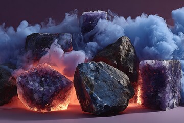 Amethyst crystals and rough stones with ethereal smoke rock