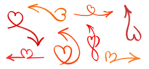 Heart Shapes in Arrows Crayon Chalk Drawing Doodle Vector Set