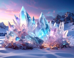 Iridescent crystals cluster in snowy mountains at sunset