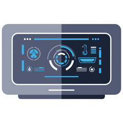 Illustration of a futuristic control panel with various gauges and indicators on a dark gray screen.