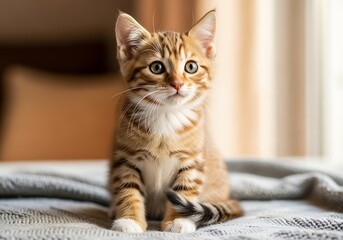 Obraz premium Adorable ginger kitten perched peacefully on a cozy textured blanket