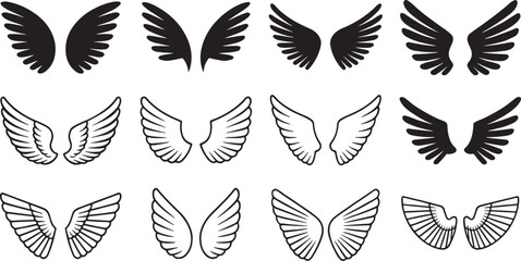 Set of twelve artistic wing illustrations in black and outline styles, ideal for tattoos, logos, and graphic design.