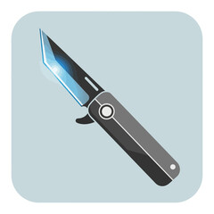 Illustration of a folding knife with a gray handle and a shiny blade.