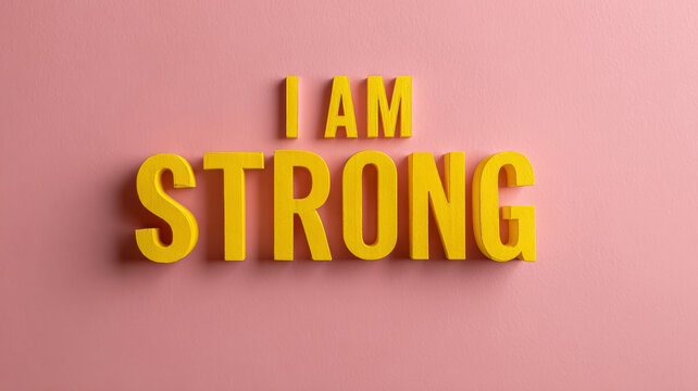 Motivational 'I am strong' text on pink background.