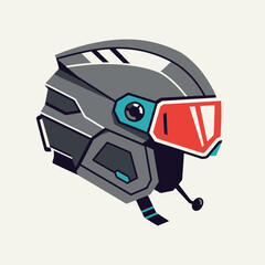 Futuristic gray helmet with red visor and blue accents, isolated on a beige background.