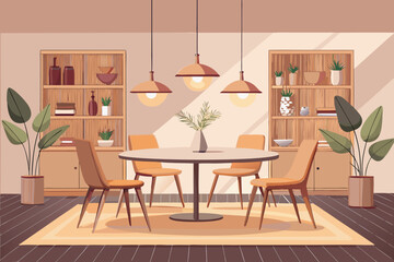 Modern dining room interior design with wooden furniture and plants Vector illustration Flat style B