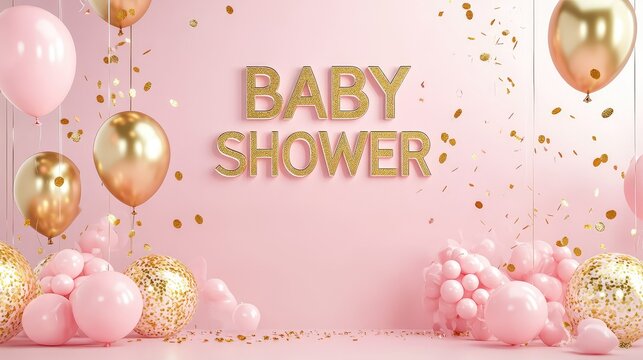 Baby shower decoration on pink background with balloons. Festive pastel setup for newborn girl celebration. It's a girl party.