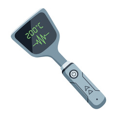 Futuristic spatula with digital display showing temperature and waveform.