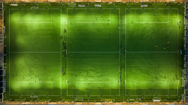 Aerial view of multiple games unfolding on vibrant green turf, illuminated by bright overhead lights, Manhattan, New York, United States.