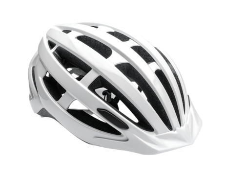 Sleek white cycling helmet with a molded shell, numerous vents, and integrated straps; angled view