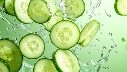 Cucumber slices in water splashes