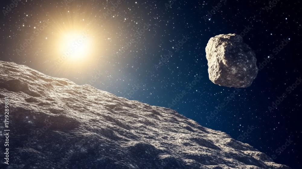 Aufkleber asteroid exploration scenario featuring a dimly-lit rocky object illuminated in distant outer space