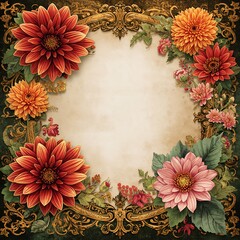 スクエア装飾フレームと赤・オレンジ・ピンクのダリアの花