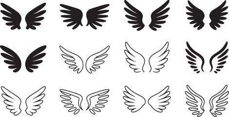 Set of twelve artistic wing illustrations in black and outline styles, ideal for tattoos, logos, and graphic design.