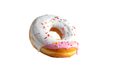 A white-frosted donut with rainbow sprinkles and pink icing drip