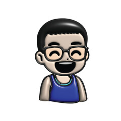 Cheerful 3D cartoon illustration of a happy man wearing glasses and a blue tank top, radiating joy and a friendly demeanor, ideal for avatars or social media