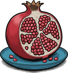 Half Pomegranate on a Plate A Detailed Illustration