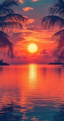 Tropical sunset over calm ocean. Palm fronds frame vibrant fiery sky