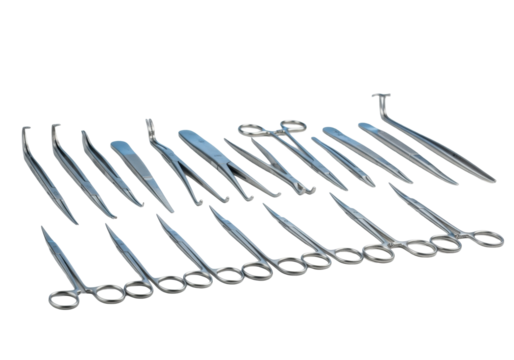 Gleaming, sterile surgical instruments meticulously arranged on transparent surface with soft blue medical drape background, showing medical precision, sterile perfection